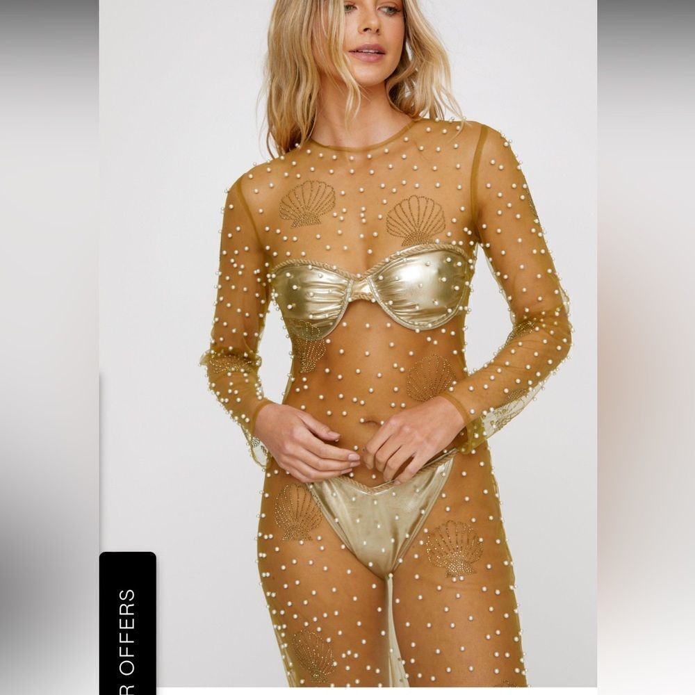 Nasty Gal gold shell pearl maxi beach dress coverup sheer small s
